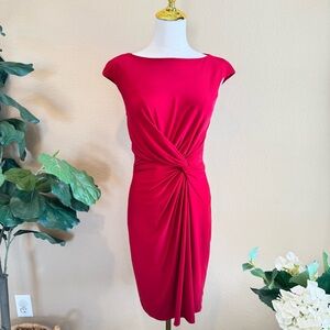 Ralph Lauren Red Twist Waist Sheath Dress 8P Petite Cap Sleeve Ruched Waist Knee